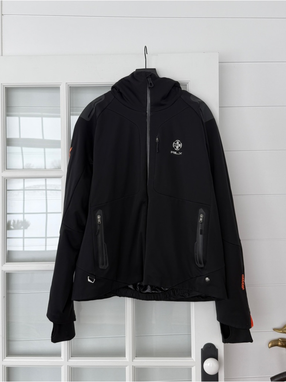 Ralph Lauren RLX Black Softshell Hooded Jacket with Orange Accents